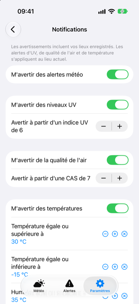 Réglages des notifications